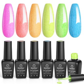 Beetles Glitter Neon Gel Nail Polish Set, 6 Colors Summer Sparkling Water Shimmer Blue Green Pink Orange Glitter Neon Gel Polish Soak Off Nail Art Design Salon Home Manicure Gift for Girls Women