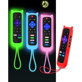 4Pack ONEBOM Cover for Roku Remote with Cat Ears Design, Silicone Skin Case Fit with Hisense/TCL Roku TV, Steaming Stick/Express, Universal Replacement Controller. Glow in The Dark,Blue/Green/Pink/Red