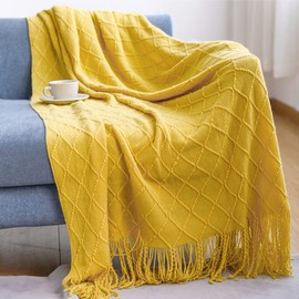 LumiSyne Knitted Blanket with Tassel Plain Geometric Pattern Cuddly Blanket Knitted Blanket Bedspread Throw Couch Blanket Decorative Blanket for Sofa Bed Yellow 170 x 130 cm