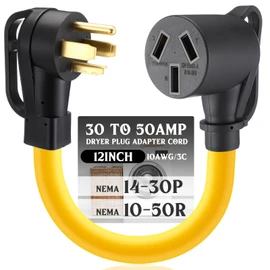 Tellegloww 1ft 30amp Dryer Plug Adapter Cord Compatible with Nema 14-30p to 10-50r, 4 Prong Male Plug to 3 Prong Female Receptacle, Adapter for Dryer to Stove Oven Range, STW 10 Awg, Etl Listed