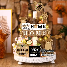 16 Pcs Highland Cow Tiered Tray Decor Gnome Plush Tray Decor Farmhouse Rustic Wood Table Signs with Lights for Holiday Table Centerpieces Home Decor(Highland Cow)