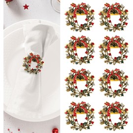 LATERN Pack of 8 Christmas Napkin Rings, Gold Christmas Wreath Napkin Holder, Christmas Napkin Buckle with Rhinestones for Christmas, Thanksgiving, Party, Holiday, Wedding, Table Decoration (4 cm x 4