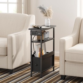 Creso hom Narrow Side Table with Charging Station and LED Light, End Table with 1 Fabric Drawer, Skinny Nightstand with USB Ports & Type-C, Slim Bedside Table for Bedroom, Living Room, Black