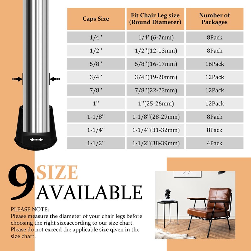 VOCOMO 5/8" Round Rubber Chair Leg Tips Caps, 16 Pack