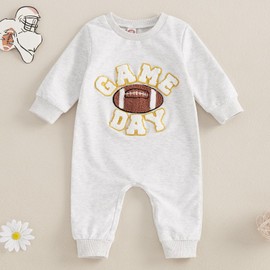 FOMOYUU Newborn Infant Neutral Baby Boys Girls Football Season Jumpsuit Football Embroidery Long Sleeve Sweatshirt Romper (Gray, 3-6 Months)
