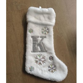 DERAYEE Monogrammed Christmas Stockings with Letters, 18 Inch Large Velvet Body Super Soft Plush Cuff Silver Embroidered Stockings for Family Holiday Xmas Party Decoration (White, Letter K)