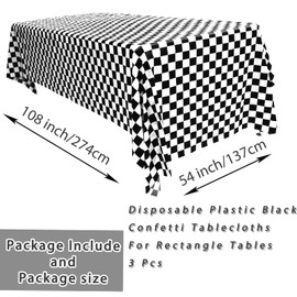 3 Pack 108" X 54" Black and White Rectangular Checkerboard Table Cloth Disposable Plastic Tablecloth for 8ft Long Rectangle Tables, Waterproof Table Covers for Party Supplies,Birthday Party Decor