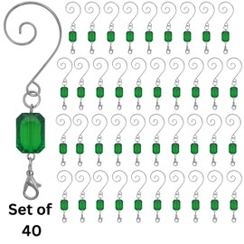 BANBERRY DESIGNS Christmas Ornament Hooks - Green Acrylic Gem - Silver Wire S-Hook with Lobster Claw Clasp - Set of 40-3" H