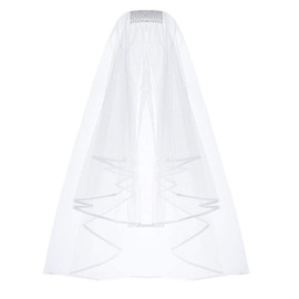 ZIYAN White Double Ribbon Edge Center Cascade Bridal Wedding Veil with Comb