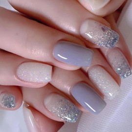 MISUD Coffin Press on Nails Medium Fake Nails Glossy Glue on Nails Purple Acrylic Nail Supplies Ballerina Artificial Nail Art Bling Glitter Stick on False Nails with Design DIY 24 pcs