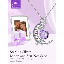 TOUPOP Moon Star Alexandrite Necklaces for Women Sterling Silver I Love You to the Moon and Back Necklace with June Birthstone Jewelry Birthday Mothers Day Christmas Gifts for Her Wife Girlfriend Mom