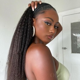 OQ HAIR Kinky Straight Half Wig With Headband Human Hair for Women 180% Density Seamless Flip Yaki Straight Half Wig Human Hair Beginner Friendly 24 Inch