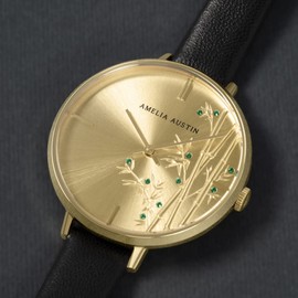 Amelia Austin Bamboo Ladies Black Leather Strap Green Stone Set Etched Dial Watch AA2014
