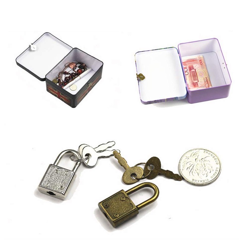 Retro Style Rectangle Tinplate Storage Box with Padlock, Home Kitchen