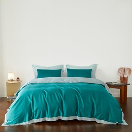 YuHeGuoJi Teal Blue Duvet Cover King 100% Long Staple Cotton Aqua Duvet Cover Egyptian Cotton 3 Pcs Set Double Color Light Blue Hemmed Duvet Cover with Zipper Ties 2 Pillow Shams Turquoise Bedding