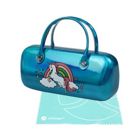 JAVOedge Children's Unicorn and Rainbow Hard Eyeglass Case Glasses for Kids, Girls, Hard Shell w/Handle,Microfiber Cloth