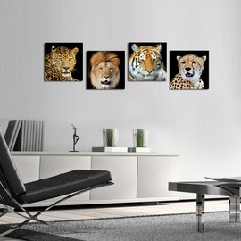 KREATIVE ARTS - Canvas Set of 4 Leopard Tiger Lion Cheetah Picture Print Wall Art Animal Canvas Artwork Stretched Giclee Canvas Printing Hanging Wall Decor Ready to Hang (16''x16''x4pcs/set)
