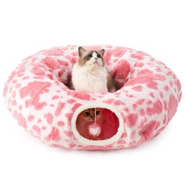 Cozy Kiss Cat Tunnel Bed for Indoor Cats - Cute Cat Donut Tunnel with Washable Circle Cushion, Round Pet Play Tunnel Toy for Kitten/Puppy/Rabbit,Pink&White