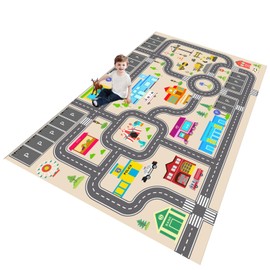 ZFHNYJWKL Children's Play Mat, Car, Boys & Girls Rug, Road Rug, Building Rug, City City Learning Area Rug, Educational Non-Slip for Children's Room, Grey, Blue, Green (C, 80 x 120 cm)