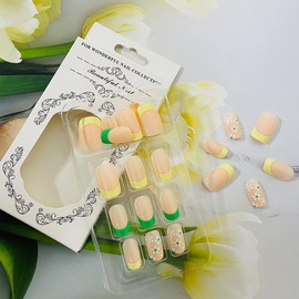 24Pcs Green French Tips Press on Nails Short Square Fake Nails French Tip Small Flower Designs Glossy Acrylic Nails Full Cover Nail Tips False Nails Daily Wear Nude Stick on Nails for Women and Girls