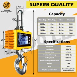 YATOINTO 2200lb Digital Crane Scale High Precision Heavy Duty Industrial Hanging Scale with Remote Control Aluminum Case CE Certified Electronic Weighing Crane Scale, for Garage Farm Hunting Fishing