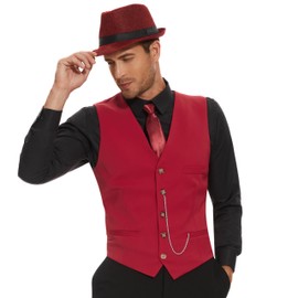 Pixiemain 1920s Mens Costume Roaring 20s Costumes Outfit with Gangster Vest,Fedora Hat,Bow tie-Red-M