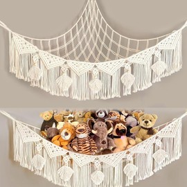 Stuffed Animal Net or Hammock Macrame Large Corner Netting  Storage with Boho Tassels, Handmade Hanging Net  Organizer for   Room Wall Decor(beige) - Color: beige