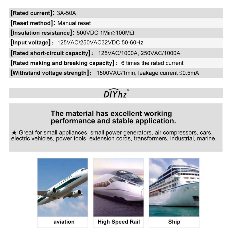 DIYhz Interruptor de Circuito Térmico, 10A, Botón Manual, Reinicio Automático,