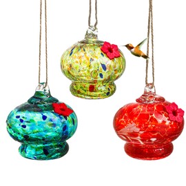 QFkris 3 Pack Blown Glass Hummingbird Feeder for Outdoors Hanging, Small Hummingbird Feeder with Flower Feeding Ports, Bird Feeder for Outside Garden Backyard Decor, Gifts for Women Mom