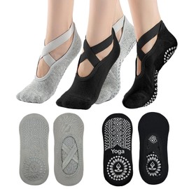 KEYRI 2 Pairs Non Slip Socks Yoga Pilates Socks for Women Girls, Trainer Socks Grippy Socks Floor Sock Anti-Slip Grips & Straps, One Size Breathable Socks for Fitness Ballet (Cotton, 1Black+1Grey)