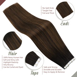 Ugeat Ombre Tape in Hair Extensions 16inch Skin Weft Tape in Human Hair Extensions #2/6/2 Darkest Brown Balayage Medium Brown Mixed Darkest Brown Real Human Hair Tape in Extensions 50g 20pcs