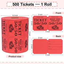 ESSENTIAL 500 Double Roll Raffle Tickets, 50/50 Raffle Cards, Entry Form with Name, Address, Phone & Email for Events, Entry, Class Reward & Door Prize - 5 Color Selection (Red)