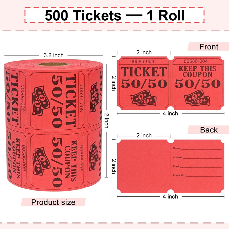 ESSENTIAL 500 Double Roll Raffle Tickets, 50/50 Raffle Cards, Entry