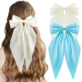 2PCS Big Bow Hair Clips Big Bow Barrettes Chiffon French Bowknot with Long Tail Soft Satin Silky Hair Bows Solid Color French Barrette Hair Fastener Accessories Cute Gifts for Women Girls