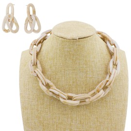 Coiris Double Layer Acrylic Resin Link Collar Necklaces Chunky Chain Collar Necklace Statement Fashion Paperclip Oval Choker Chain Jewelry(N0088-Beige)