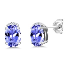 Gem Stone King 1.56 Cttw Oval Blue Tanzanite and White Lab Grown Diamond 925 Sterling Silver Earrings For Women | Gemstone Birthstone | Oval 7X5MM