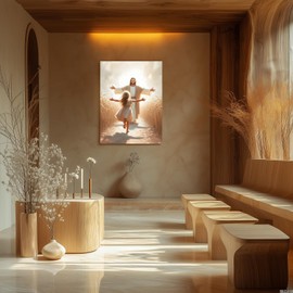 FASWQ Framed Jesus and Child Wall Art, Jesus Welcoming Little Girl Wall Decor, Minimalist Religious Savior Canvas Painting, Modern Christian Bible Aesthetic Picture for Church Prayer Areas 16"x24"