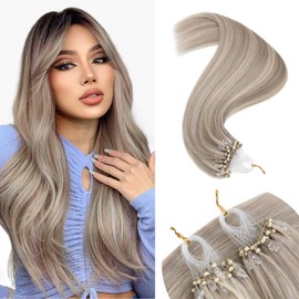Elailite Micro Loop Hair Extensions 1g 50 Strands - Micro Ring Beads Hair Extensions Real Remy Hair Straight Cold Fusion (#18Y/613 Ash Blonde Mix Bleach Blonde, 16 Inch-50g)