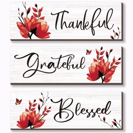 ONIZHITY Set of 3 Red Bathroom Decor Red Wall Decor Rustic Elegance Red Decor with Inspirational Words Thankful Grateful Blessed Red Flower Farmhouse Wooden Sign for Women Kitchen Bedroom(Red 12x4")