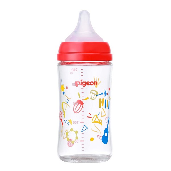 Pigeon Breastfeeding Bottle, Music Music, 8.5 fl oz (240 ml), 3 Months, Heat Resistant Glass, Red