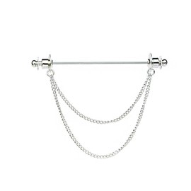 Chain Lapel Pin Collar Bar Tassel Brooch Classic Ball Head Brass Shirt Collar Bar Tie Pins for Men Wedding Business (Silver Double Chain)