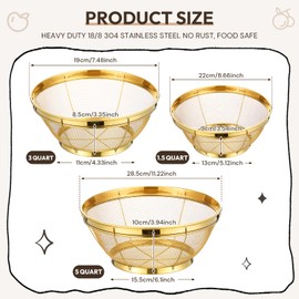 Baderke 3 Pieces Stainless Steel Gold Colander Metal Strainer with Handle Pasta Gold Colander for Kitchen Draining Pasta Rinsing Vegetables Rice Food, 3 Sizes (1.5-3-5 Quart,Novel)