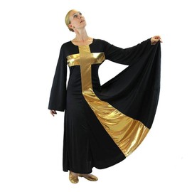 Danzcue Womens Praise Cross Long Dress, Black-Gold, 2XL