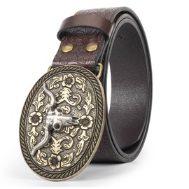 Western PU-Leather Cowboy Cowgirl Buckle Belt for Men Women Jeans - Engraved Floral Longhorn Bull Texas Buckle Belt
