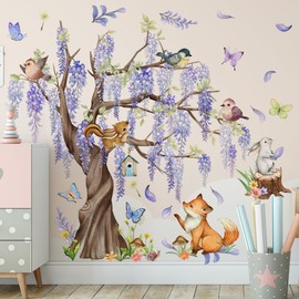 Jungle Animals Tree Wall Decals Fox Birds Butterfly Safari Wall Stickers Baby Nursery Kids Bedroom Living Room Wall Décor