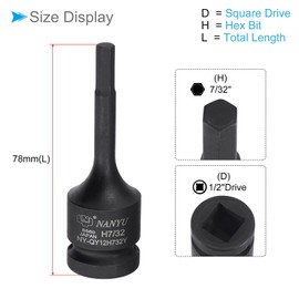 CoCud Impact Hex Bit Socket, 7/32" Hex Bit 1/2" Square Drive 78mm Length, CR-MO Chamfer Design Pin Hole SAE Hex Socket - (Applications: for Automotive Electric Repair)