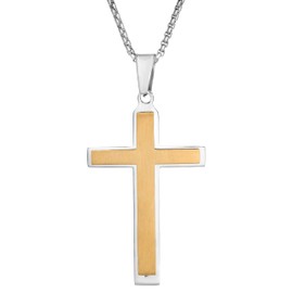 Metro Jewelry Gold Ion Plated Stainless Steel Cross Pendant Necklace for Men on 24 Inches Long Round Box Chain with Lobster Claw