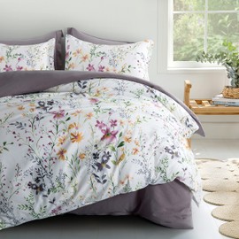 Windflower Bedding Bloomfield Floral Duvet Cover 3pc Set Cotton Botanical Nature Vines Branches Birds Butterflies Multicolored Flowers (King, White)