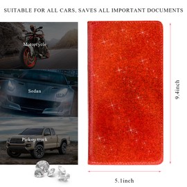 povtii Car Registration and Insurance Holder, Bling PU Leather Vehicle Card Document Glove Box Organizer, Waterproof License Registration Holder for Driver License Cards Documents (Glitter Red)