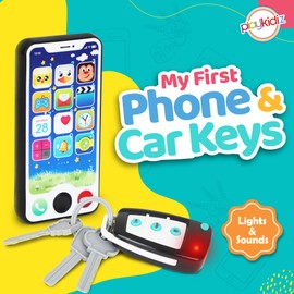 Playkidiz Toy Phone w/Car Keys, Real Looking Pretend Play Toddler Cell Phone Toys and Remote Car Key for Boys, Lights, Sound Effects, Apps & Buttons - Batteries Included - 3+